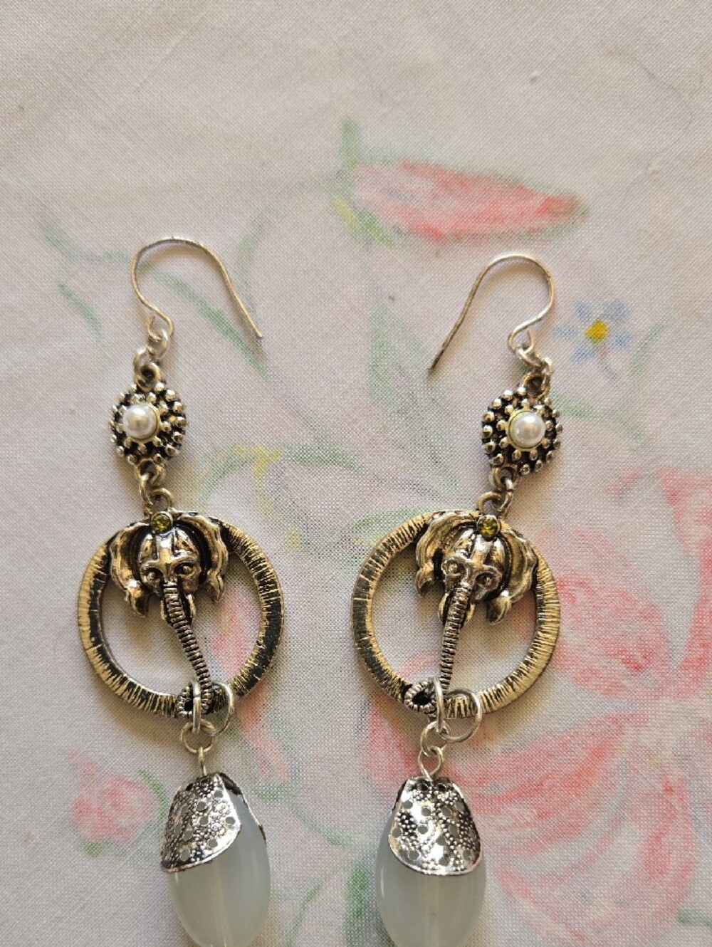 Silver Elephant Hoop Drop Earrings with Pale Blue Gem - Picture 2 of 8